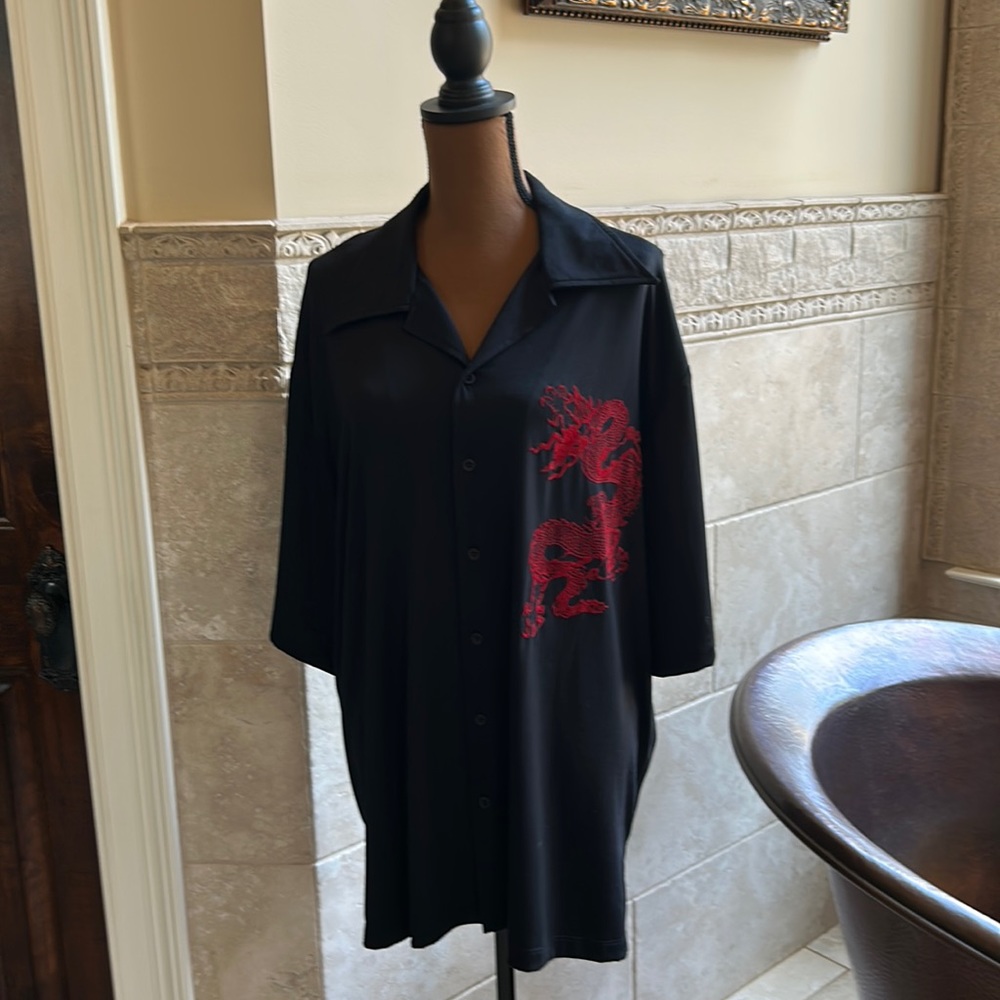 Blue Tibet Dragon Embossed Button Down Sz M Black Streetwear